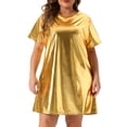 thumbnail image 1 of DARING DIVA Plus Size Metallic Round Neck Short Sleeve Mini Dress 1X Gold, 1 of 6