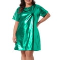 thumbnail image 1 of DARING DIVA Plus Size Metallic Round Neck Short Sleeve Mini Dress 1X Green, 1 of 6