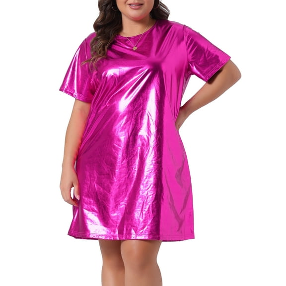 DARING DIVA Plus Size Metallic Round Neck Short Sleeve Mini Dress 1X Hot Pink