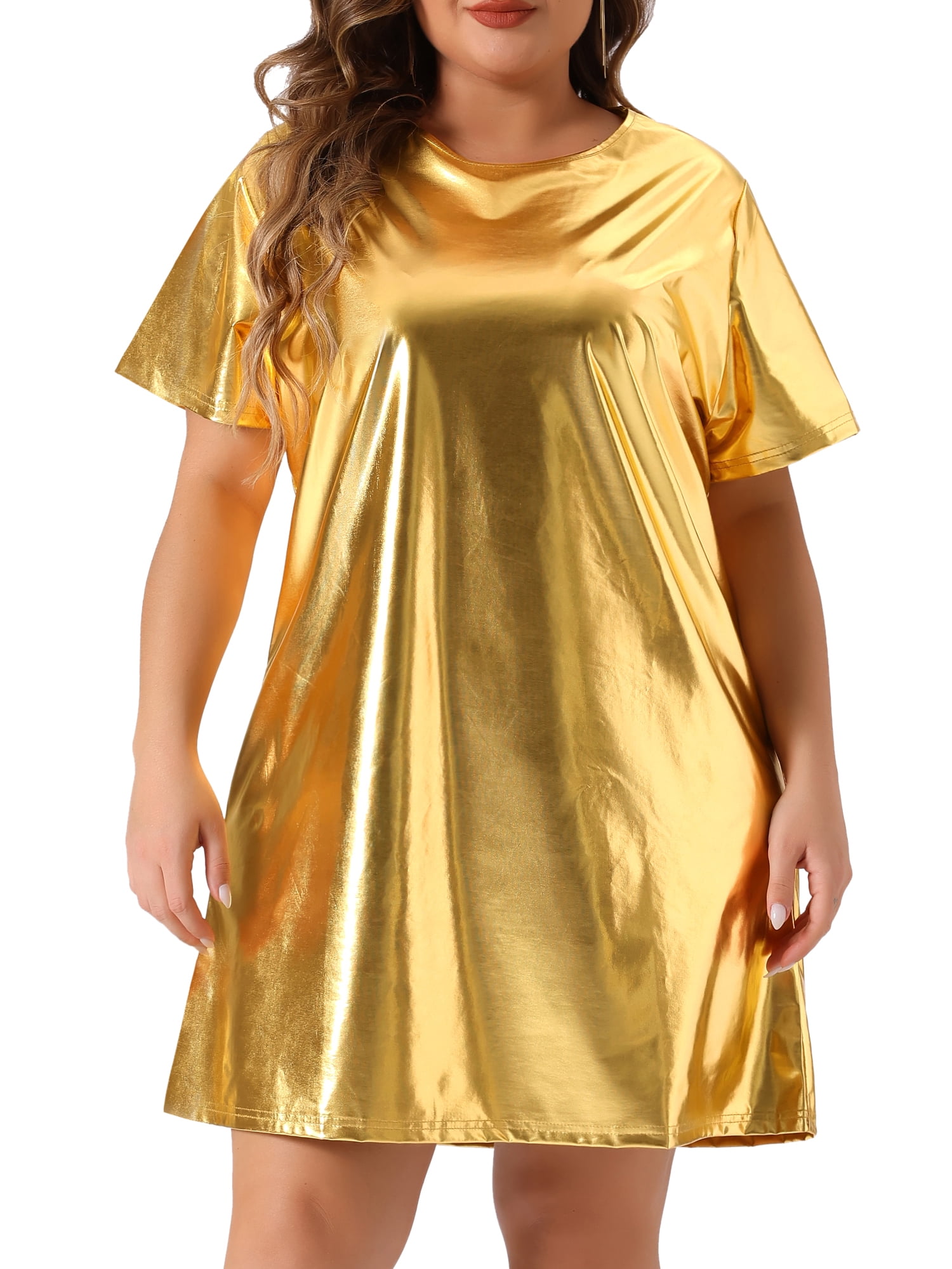 DARING DIVA Plus Size Metallic Round Neck Short Sleeve Mini Dress 4X Gold