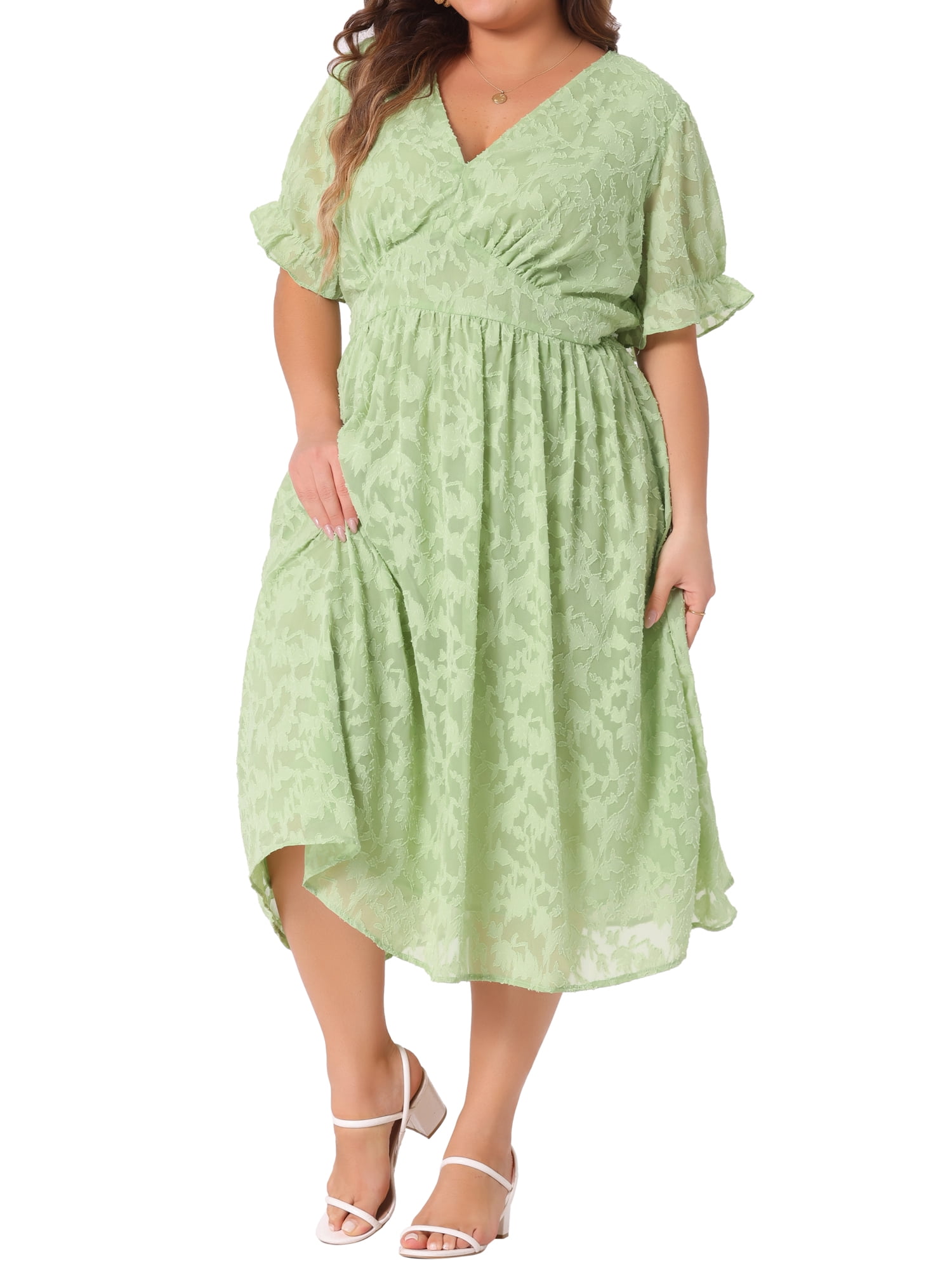 DARING DIVA Plus Size Midi Bubble Sleeve Semi Sheer Fit Flare Dress 4X Grass Green