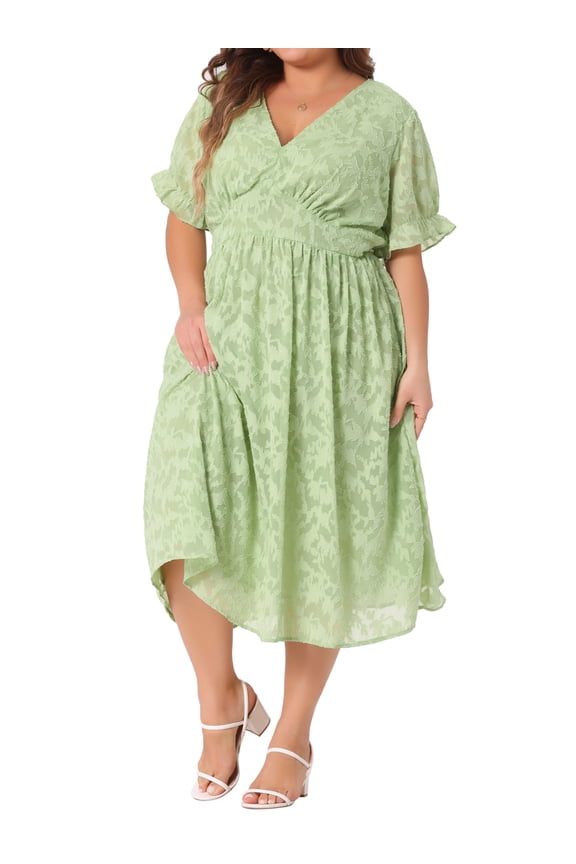 Plus Size Midi Bubble Sleeve Semi Sheer Fit Flare Dress 4X Grass Green