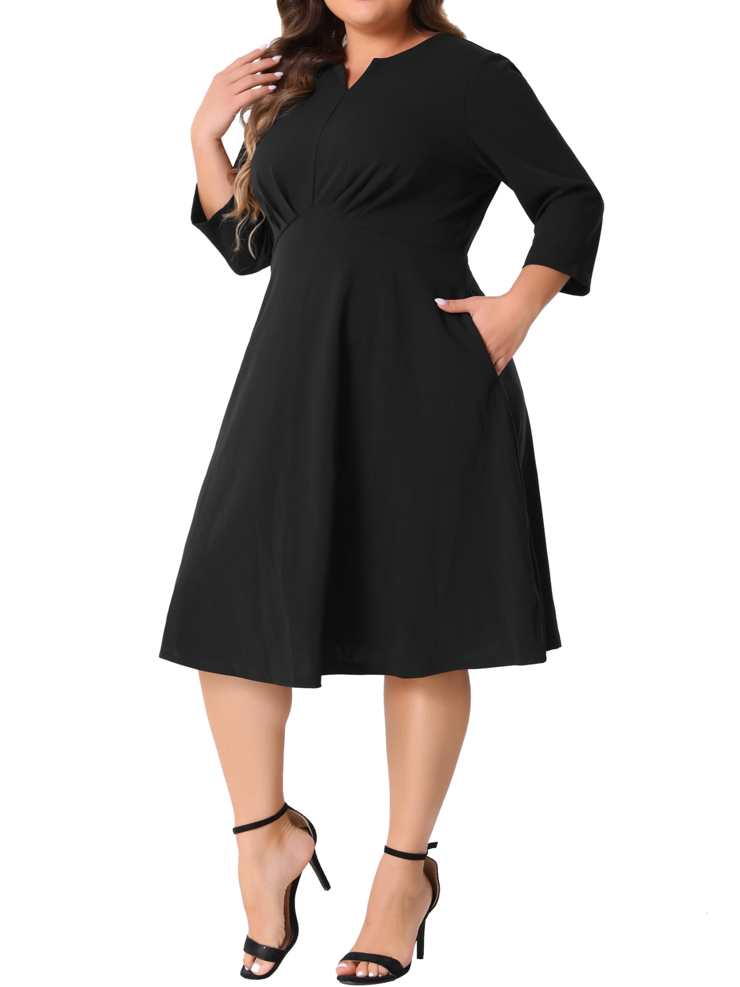 DARING DIVA Plus Size Midi Notched V Neck 3/4 Sleeve A-Line Dress 2X Black