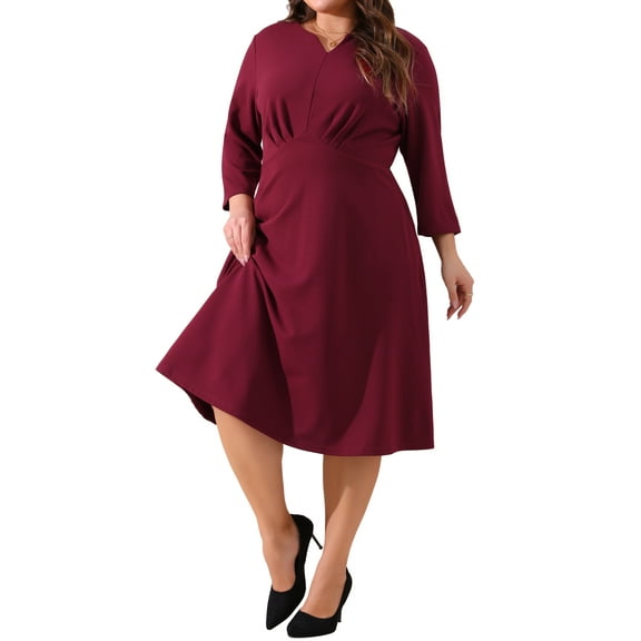 DARING DIVA Plus Size Midi Notched V Neck 3/4 Sleeve A-Line Dress 2X Burgundy