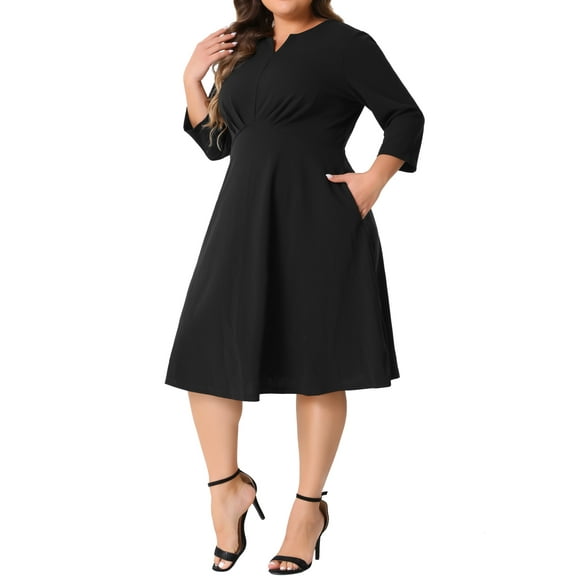 DARING DIVA Plus Size Midi Notched V Neck 3/4 Sleeve A-Line Dress 4X Black