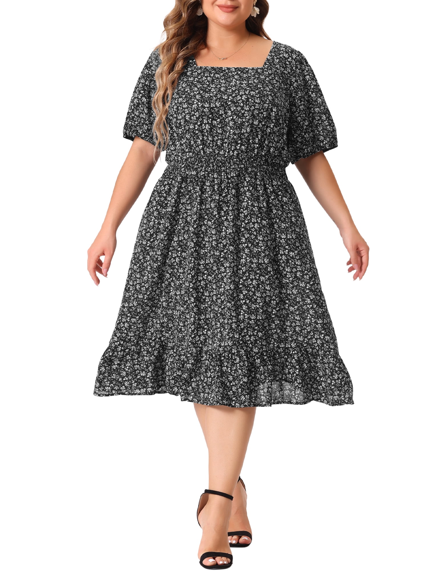 DARING DIVA Plus Size Midi Ruffle Hem Smocked Waist Floral Dress 3X Black White