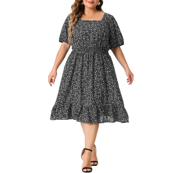 DARING DIVA Plus Size Midi Ruffle Hem Smocked Waist Floral Dress 4X Black White