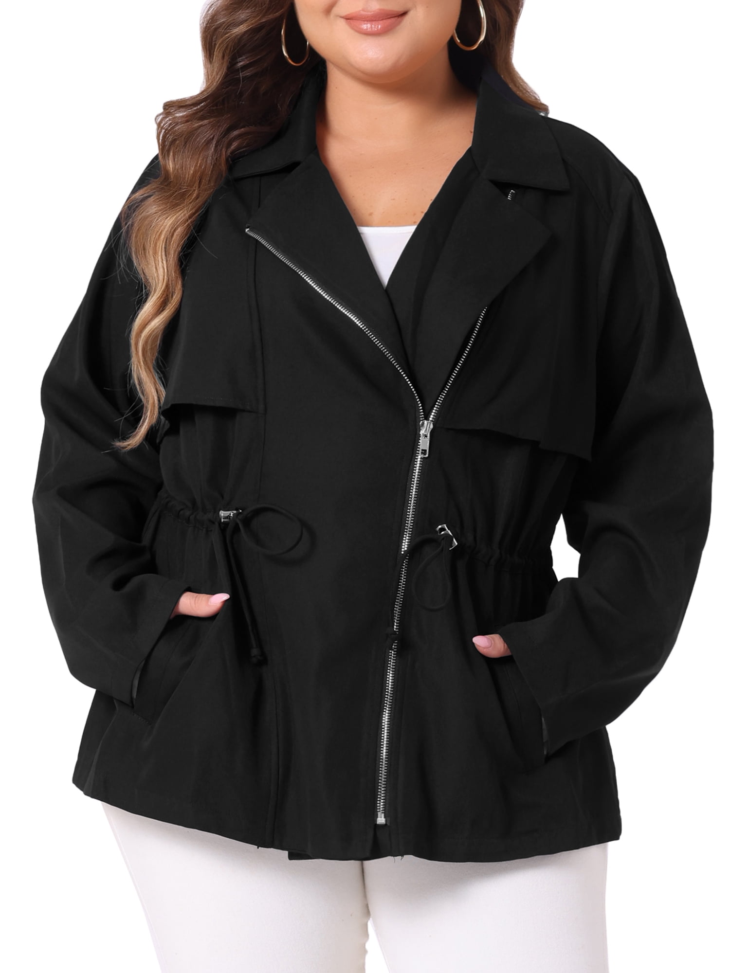 DARING DIVA Plus Size Moto Zipper Drawstring Waist Jacket 2X Black