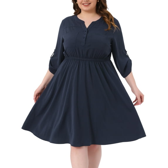 DARING DIVA Plus Size Notch 3/4 Rolled Sleeve Button Midi Shirt Dress 2X Navy Blue