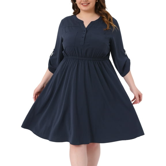 DARING DIVA Plus Size Notch 3/4 Rolled Sleeve Button Midi Shirt Dress 4X Navy Blue