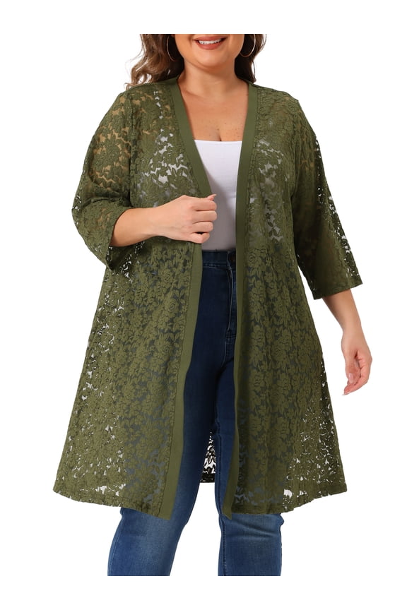 Plus Size Open Front 3/4 Sleeve Lace Mid-length Cardigan 2X Army Green