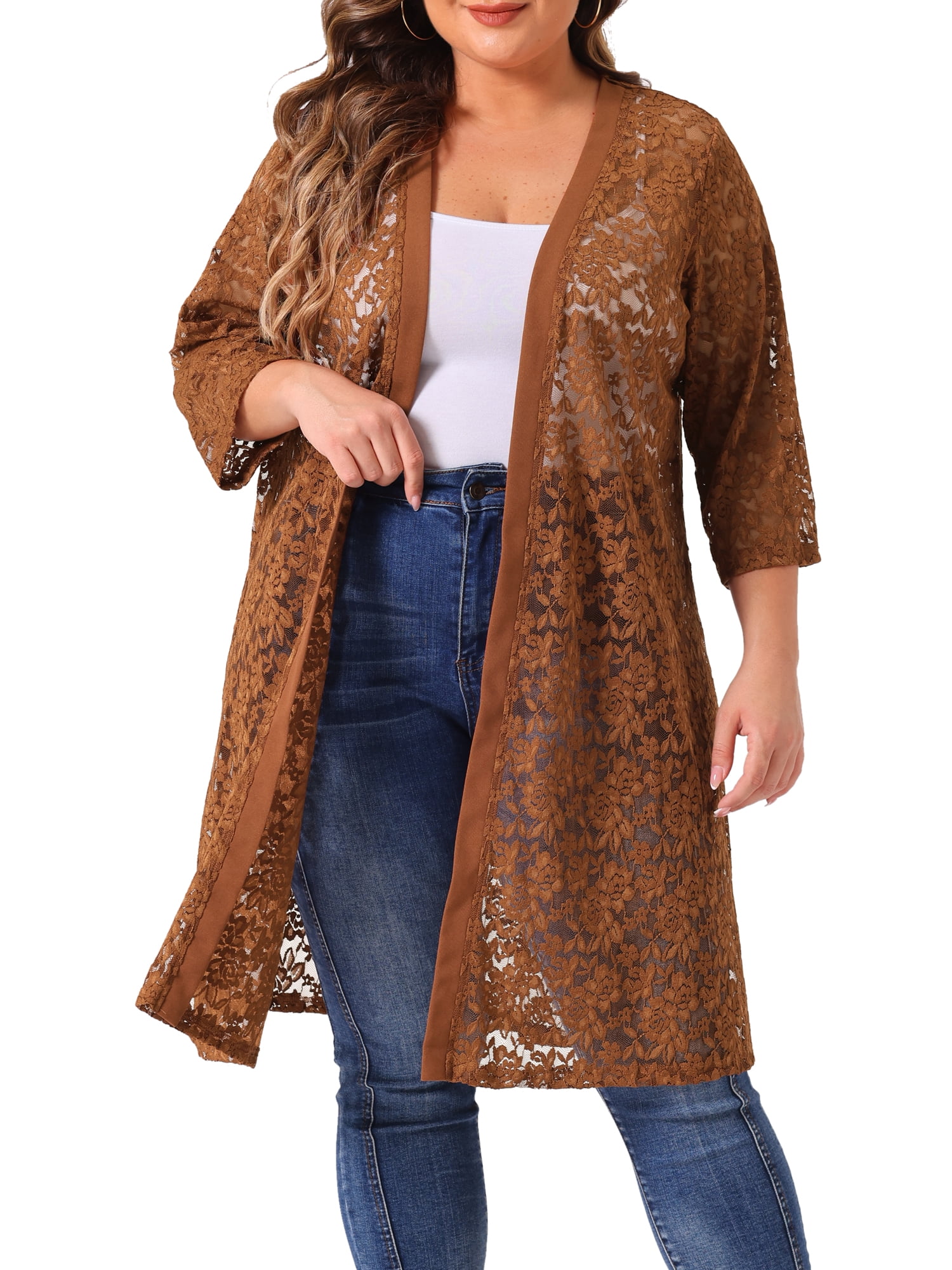 DARING DIVA Women's Plus Size Lace Crochet 3/4 Sleeve Cover Up Jacket 3X Brown
