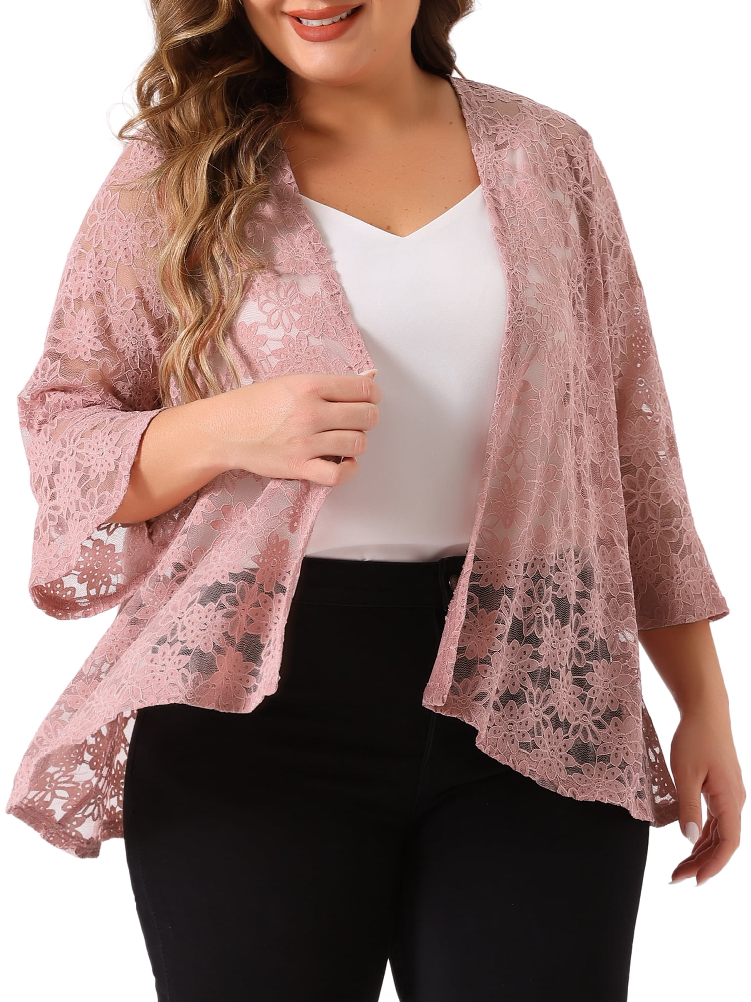 DARING DIVA Women's Plus Size Open Front 3/4 Sleeve Sheer Lace Cardigan 1X Pink