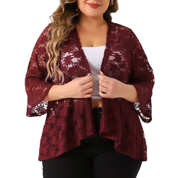DARING DIVA Plus Size Open Front 3/4 Sleeve Sheer Lace Cardigan 2X Burgundy