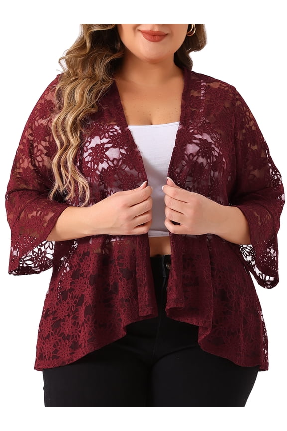 Women's Plus Open Front 3/4 Sleeve Sheer Lace Cardigan 3X Burgundy