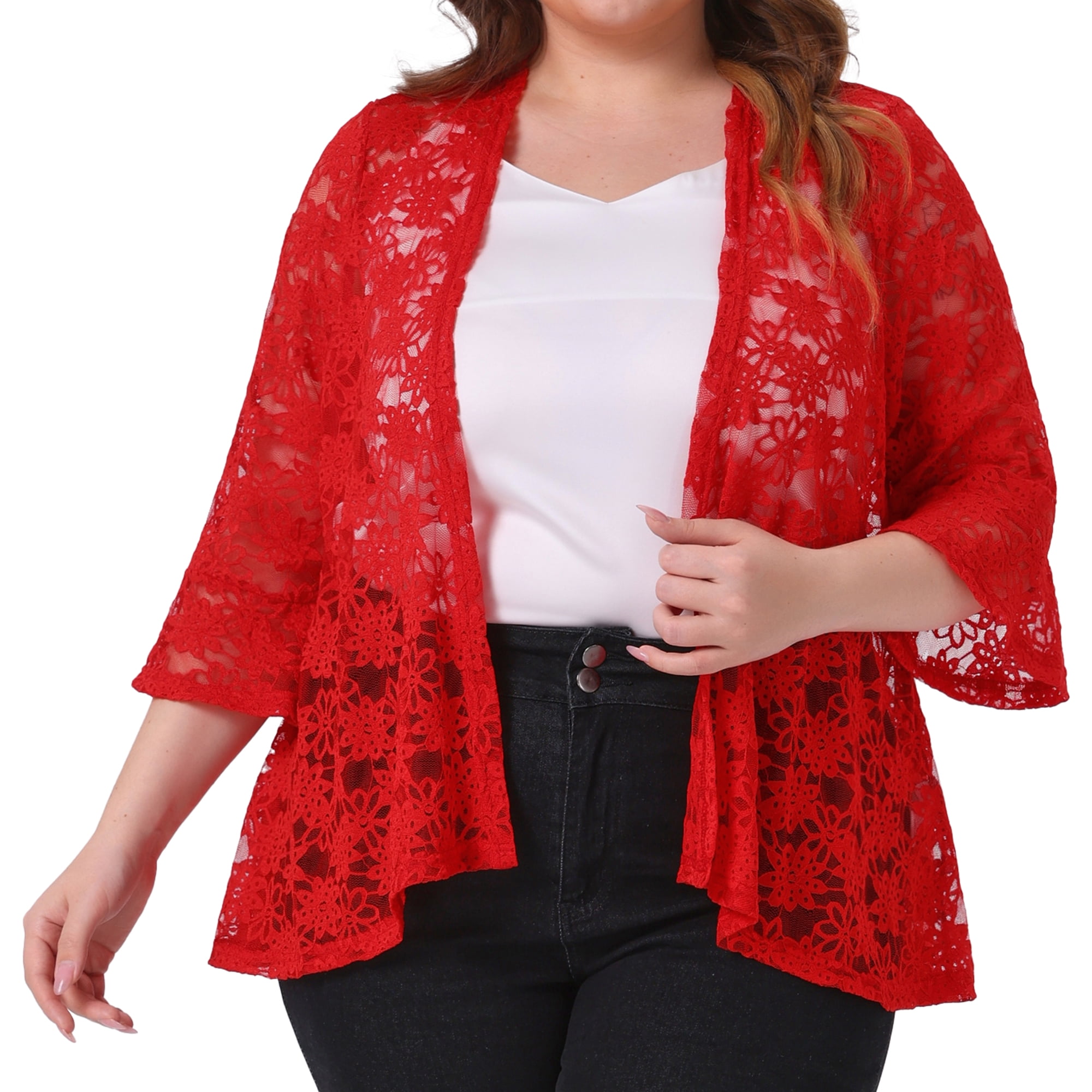DARING DIVA Women's Plus Size Open Front 3/4 Sleeve Sheer Lace Cardigan 3X Red