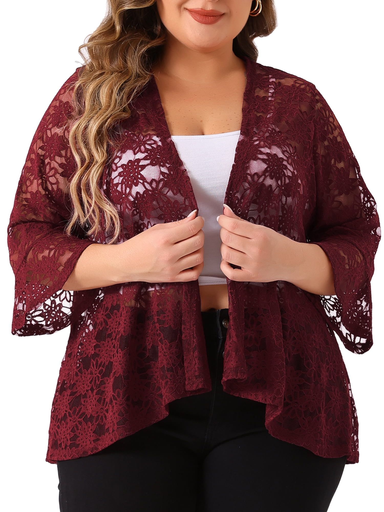 DARING DIVA Women's Plus Size Open Front 3/4 Sleeve Sheer Lace Cardigan 4X Burgundy