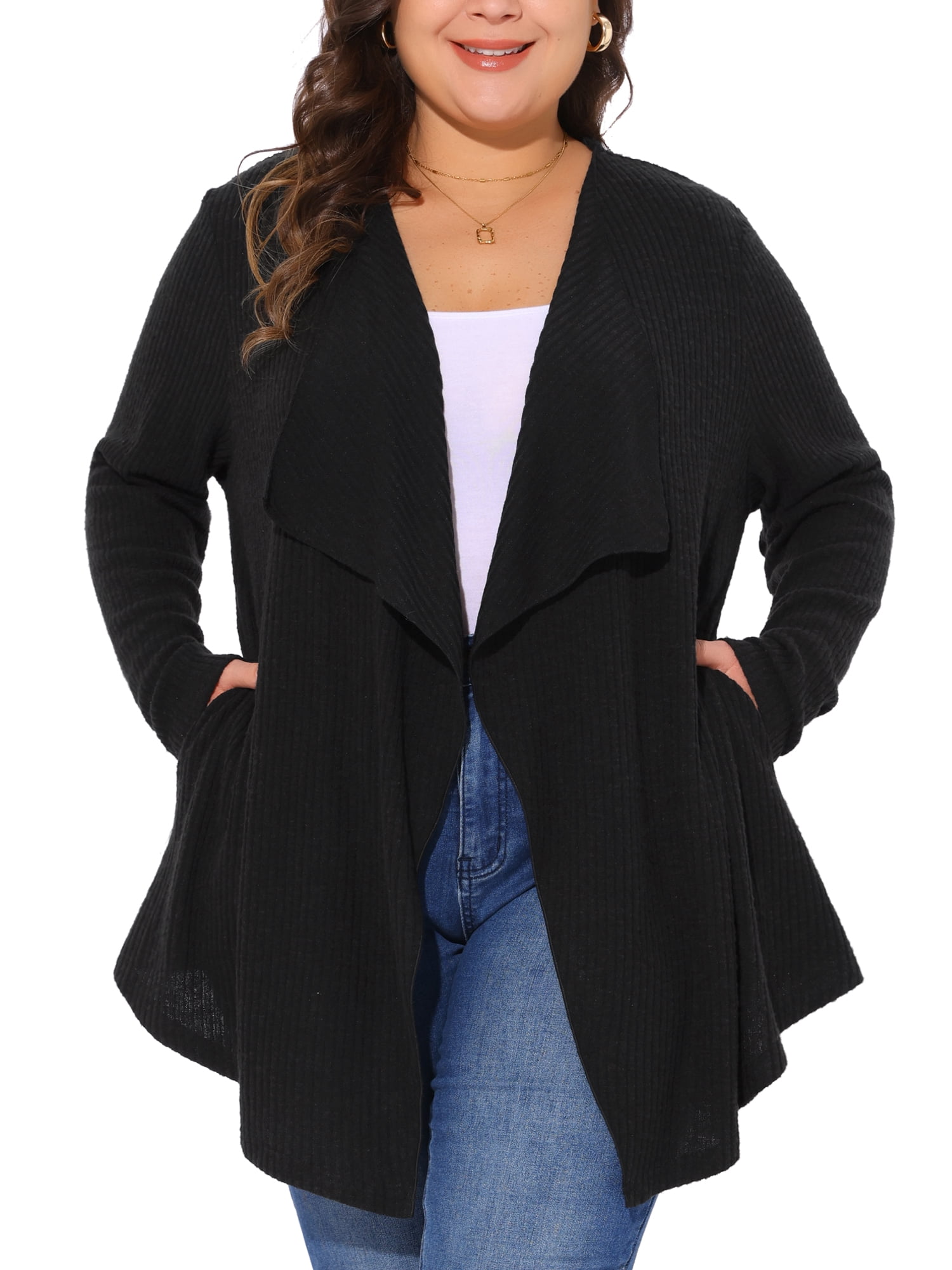 DARING DIVA Plus Size Open Front Irregular Hem Long Sleeve Cardigan 4X Black