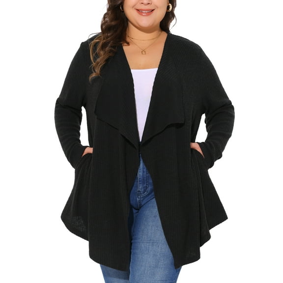 DARING DIVA Plus Size Open Front Irregular Hem Long Sleeve Cardigan 4X Black