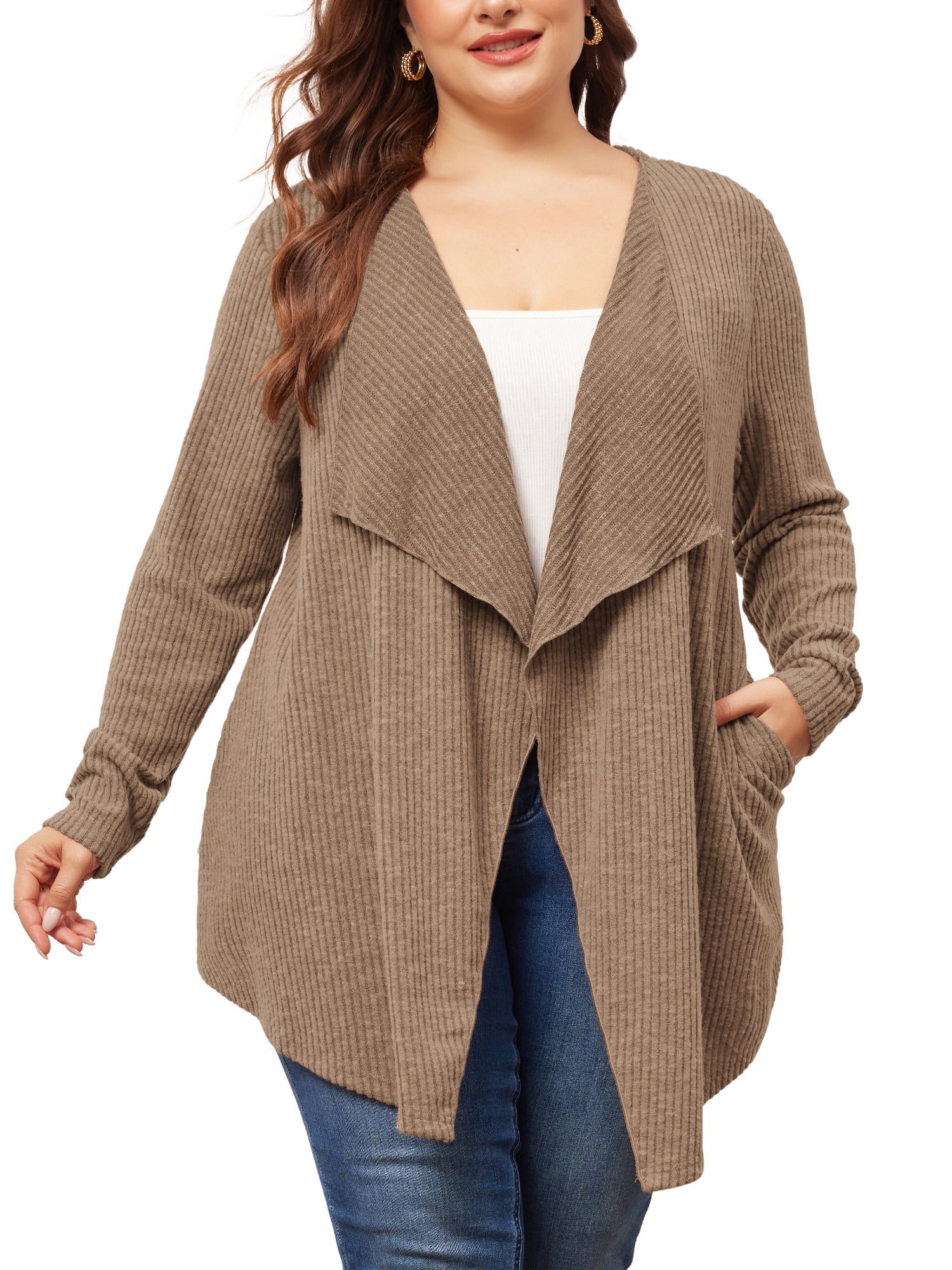DARING DIVA Plus Size Open Front Irregular Hem Long Sleeve Cardigan 4X Dark Khaki
