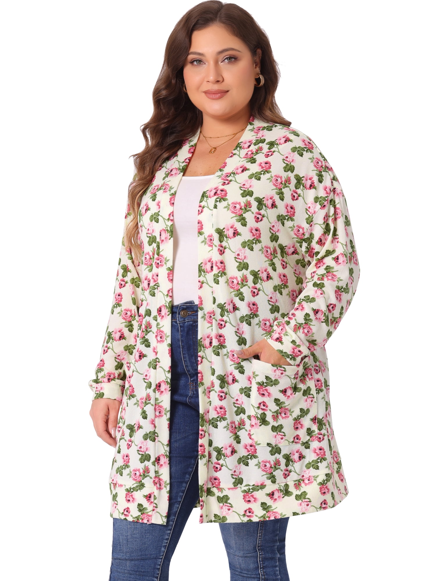 DARING DIVA Plus Size Open Front Knit Fabric Floral Outerwear Cardigan 4X Beige