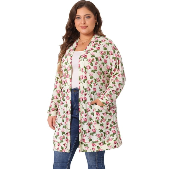 DARING DIVA Plus Size Open Front Knit Fabric Floral Outerwear Cardigan 4X Beige