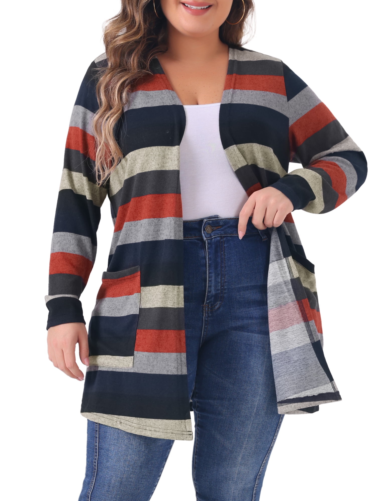 DARING DIVA Plus Size Open Front Long Sleeve Stripe Cardigan 2X Black Red