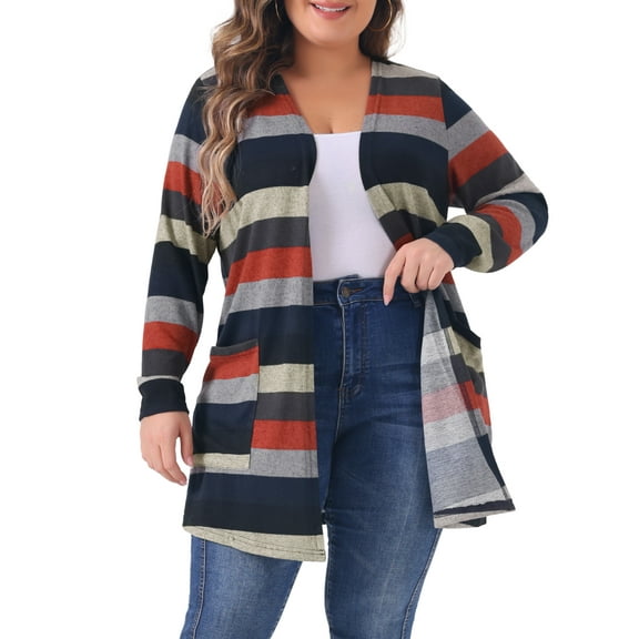 DARING DIVA Plus Size Open Front Long Sleeve Stripe Cardigan 4X Black Red