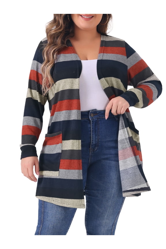 Plus Size Open Front Long Sleeve Stripe Cardigan 4X Black Red