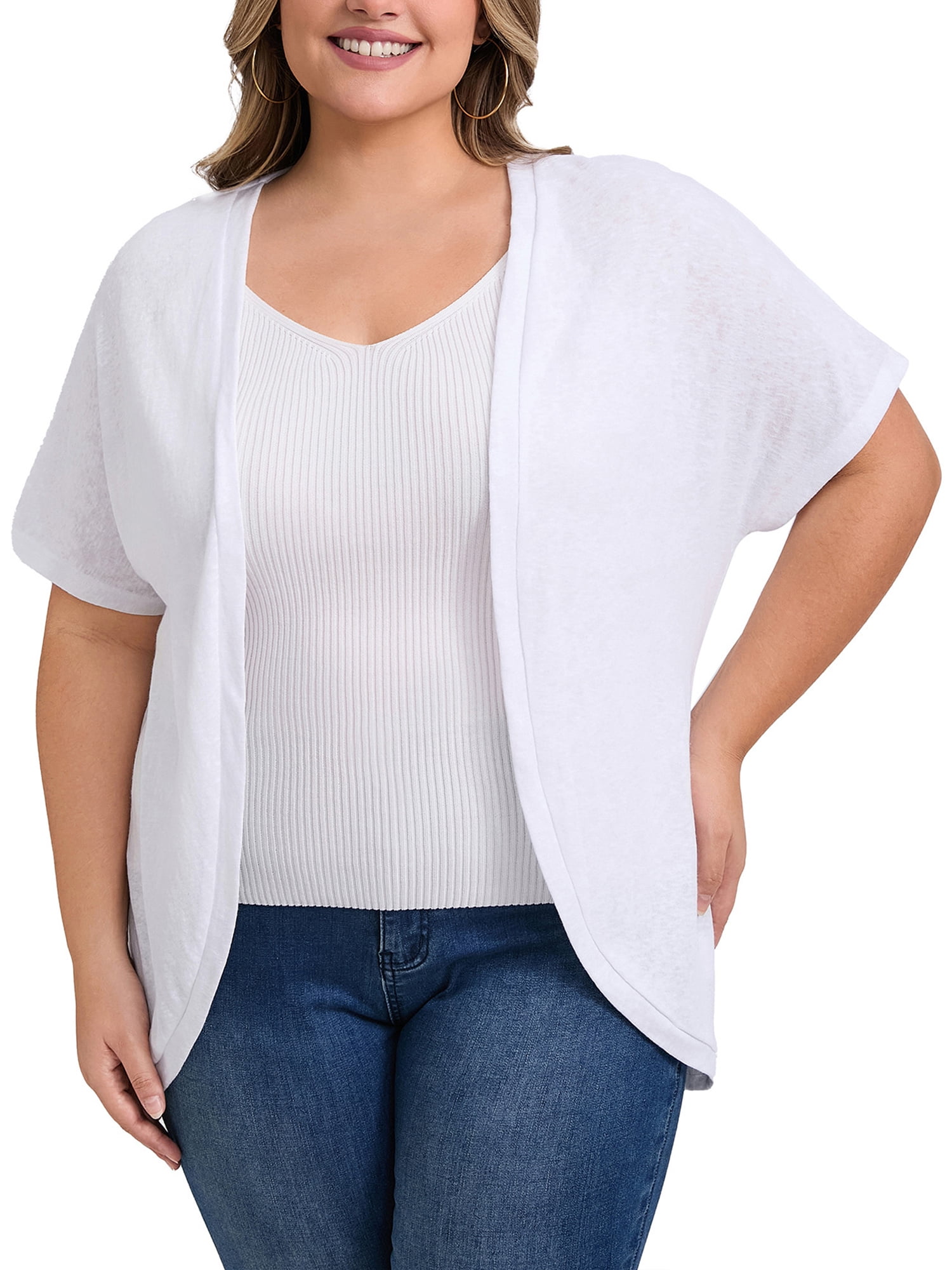 DARING DIVA Women's Plus Open Front Loose Fit Knit Curved Hem Cardigan 2X White
