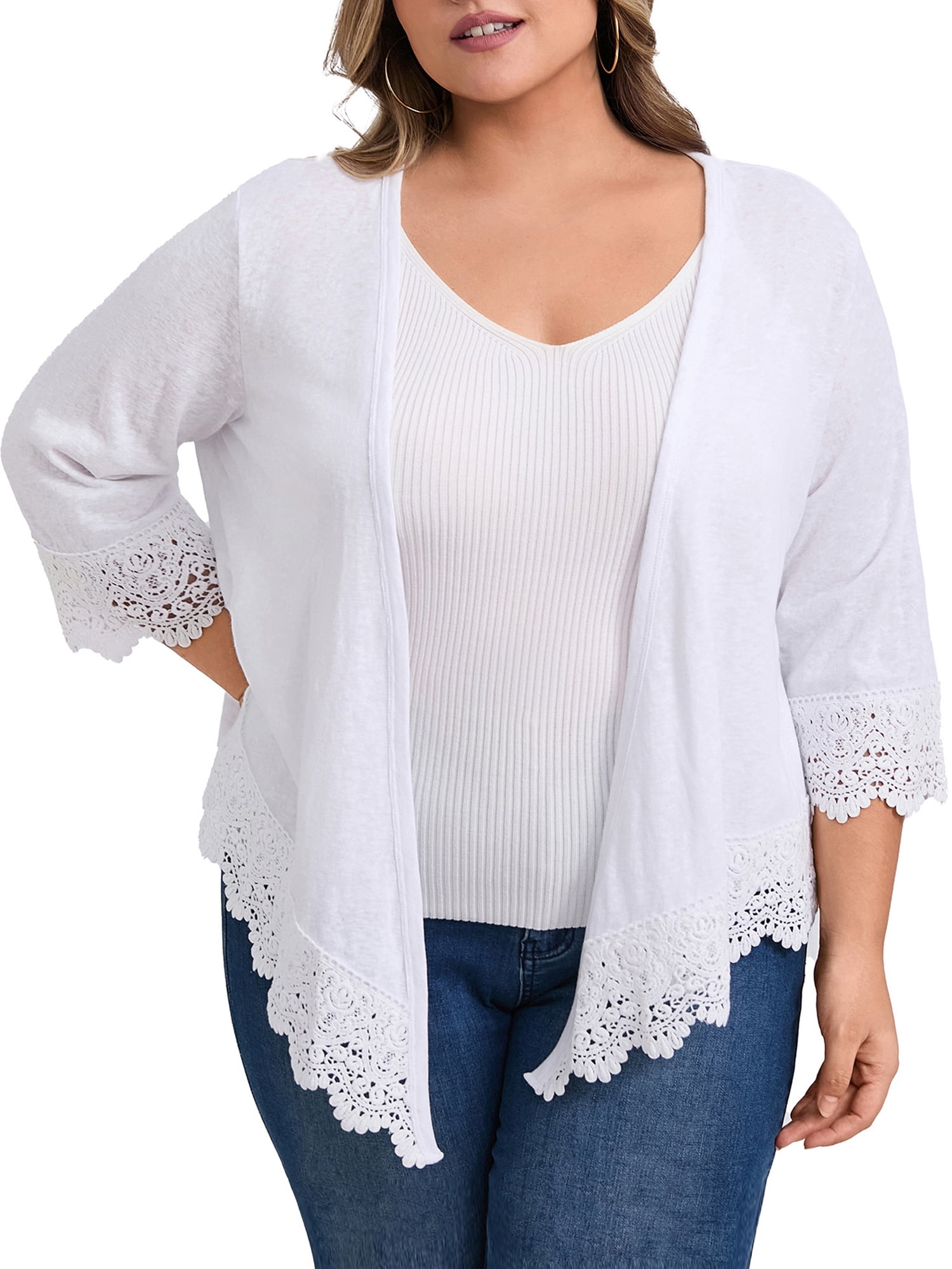 DARING DIVA Plus Size Open Front Trim Cardigan 3/4 Sleeve High Low Hem 3X White