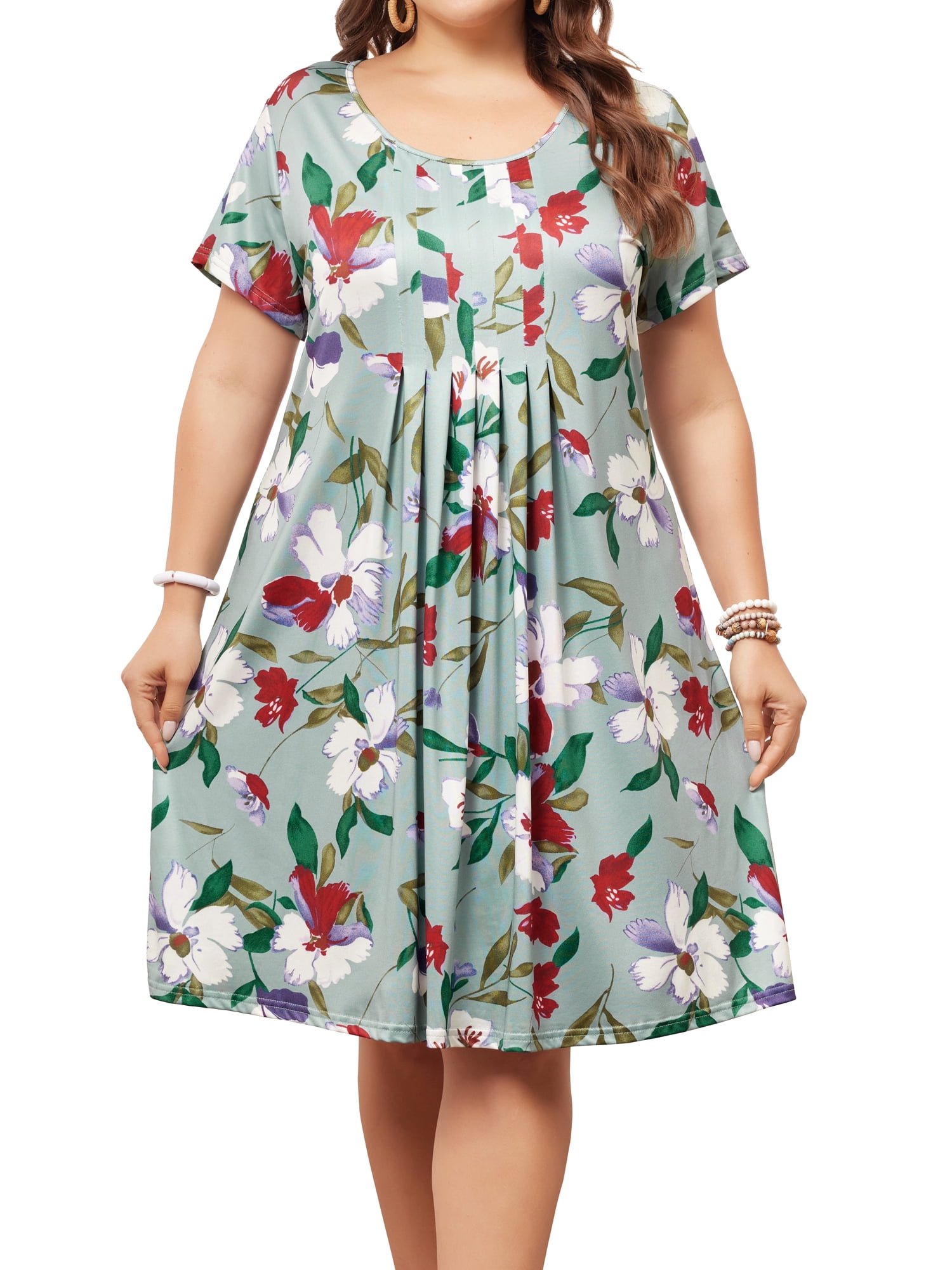 DARING DIVA Plus Size Outfits Tropical Floral Short Sleeve Dress 1X Green