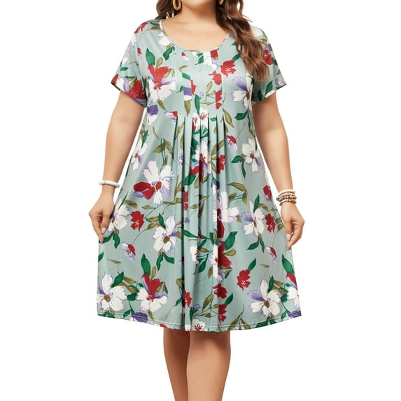DARING DIVA Plus Size Outfits Tropical Floral Short Sleeve Dress 1X Green