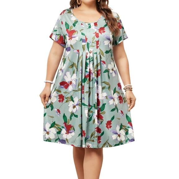 DARING DIVA Plus Size Outfits Tropical Floral Short Sleeve Dress 1X Green