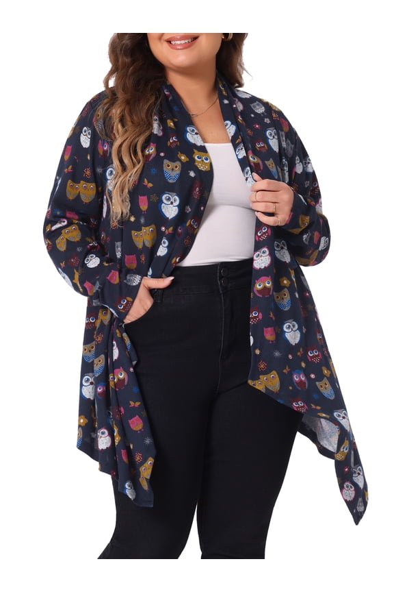 Plus Size Owl Flowy Print Loose Open Front Sweater 2X Navy Blue