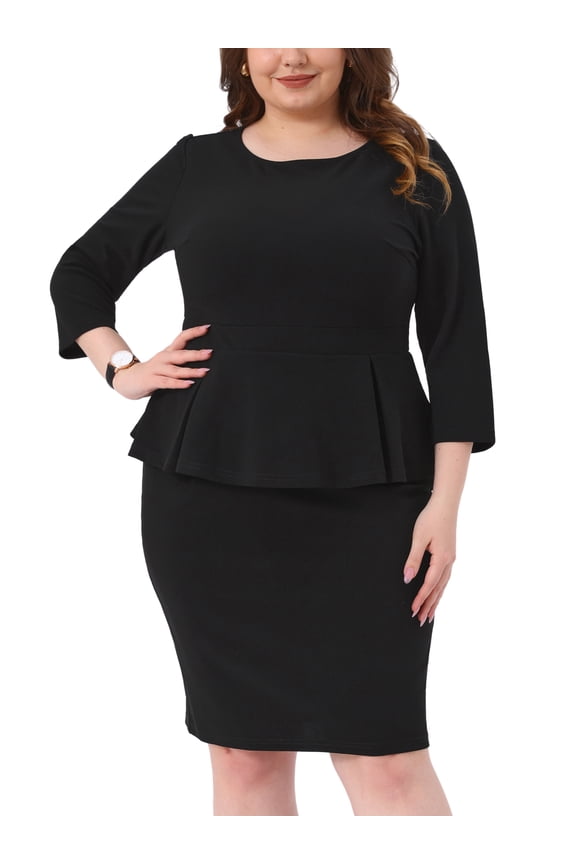 Plus Size Peplum Pencil 3/4 Sleeve Flared Sheath Dress 1X Black