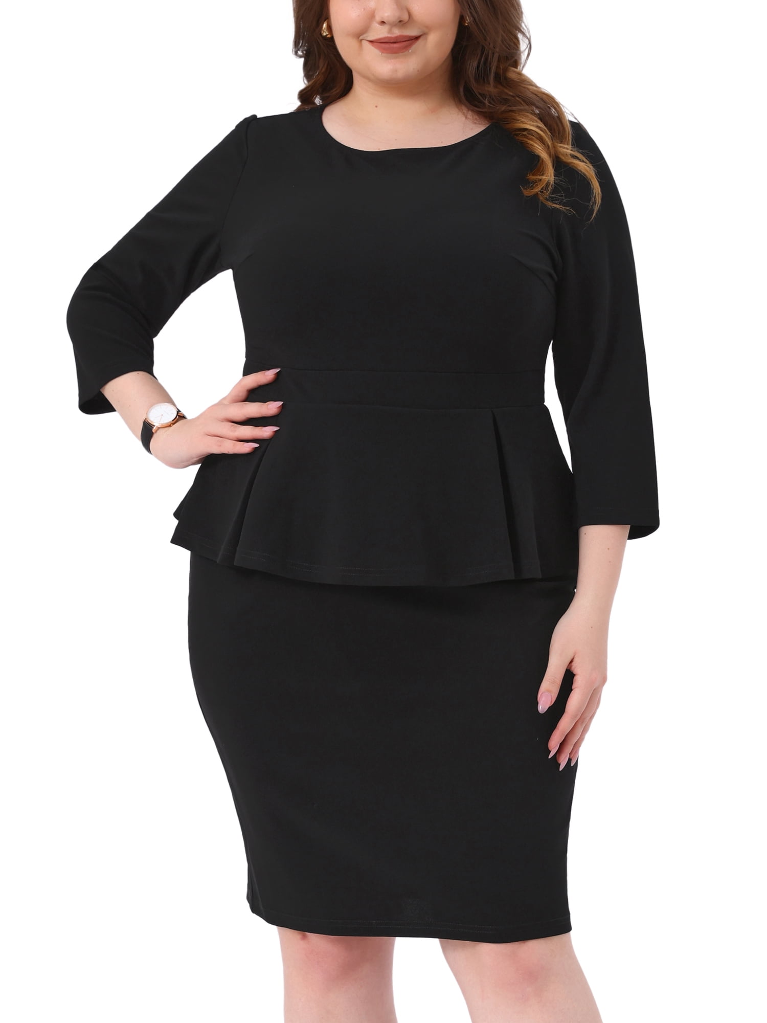 DARING DIVA Plus Size Peplum Pencil  3/4 Sleeve Flared Sheath Dress 2X Black