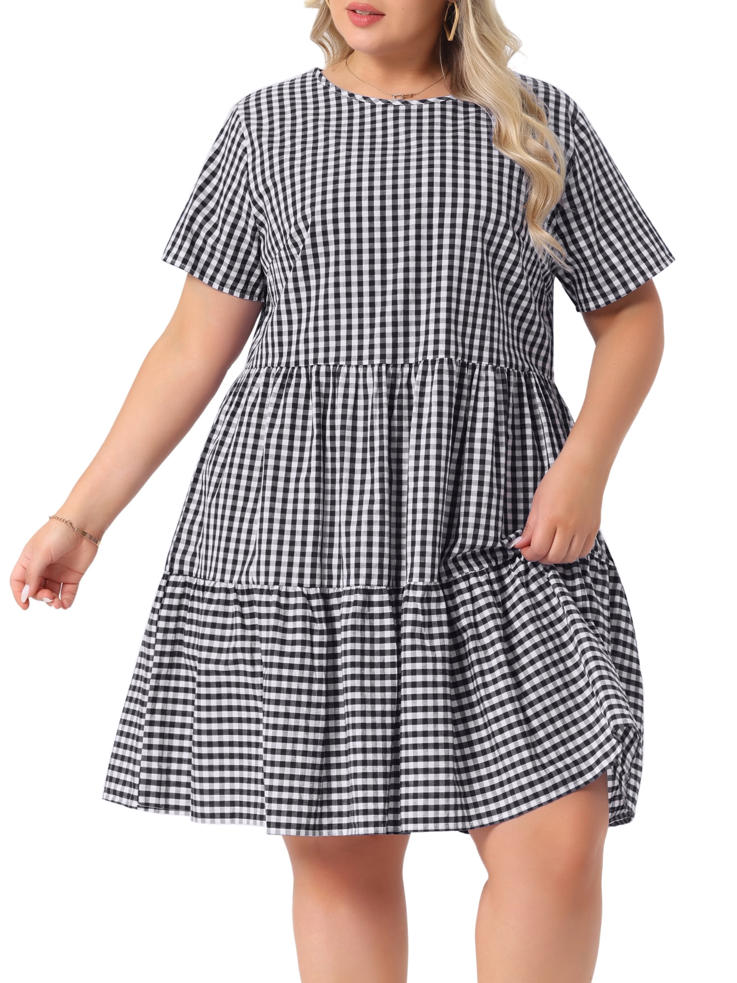 DARING DIVA Women's Plus Size Plaid Round Neck Short Sleeve Midi Dress 2X Black