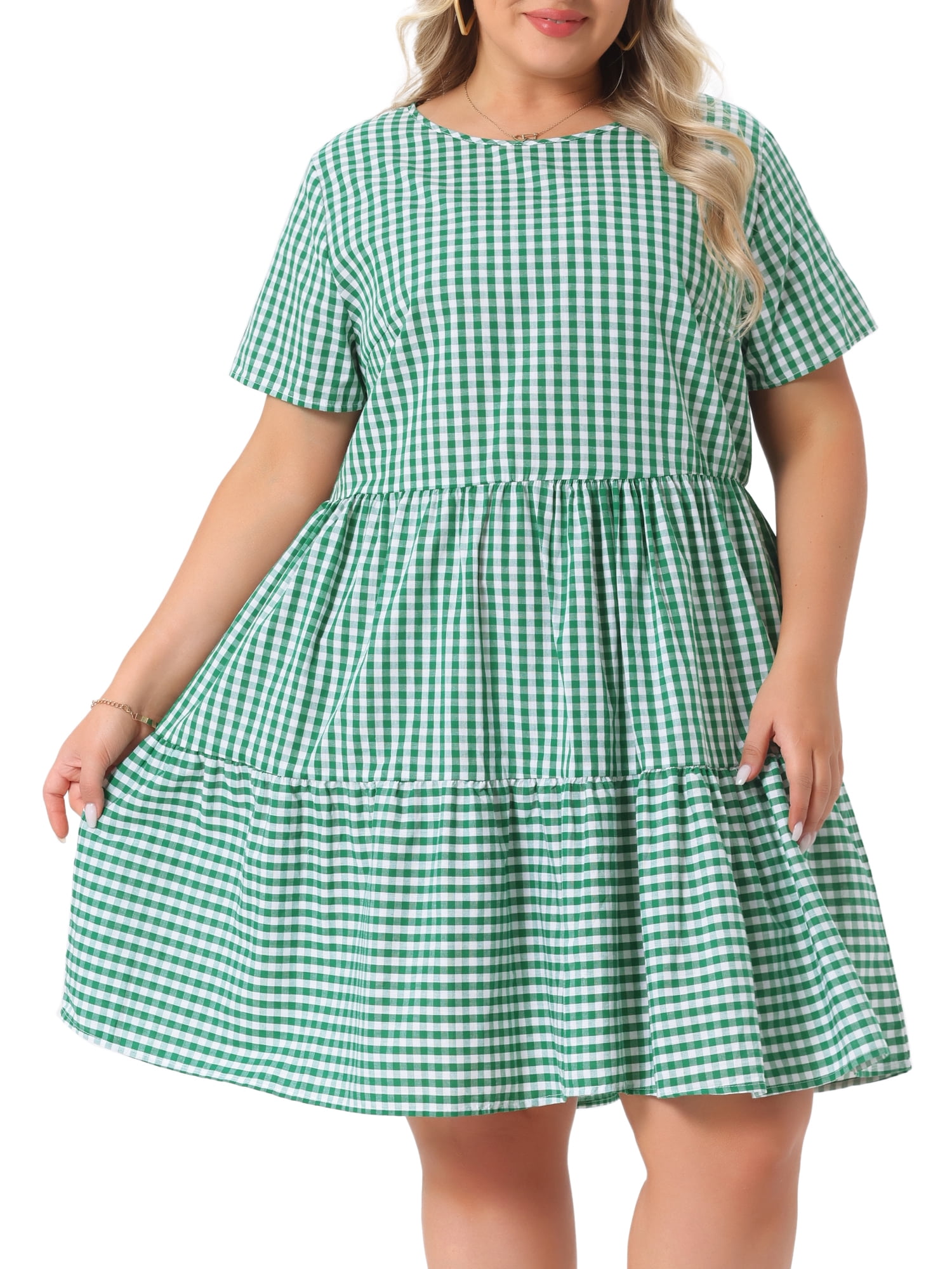 Daring Diva Plus Size Plaid Round Neck Short Sleeve Midi Dress 2X Green, Women's, Size: 2XL