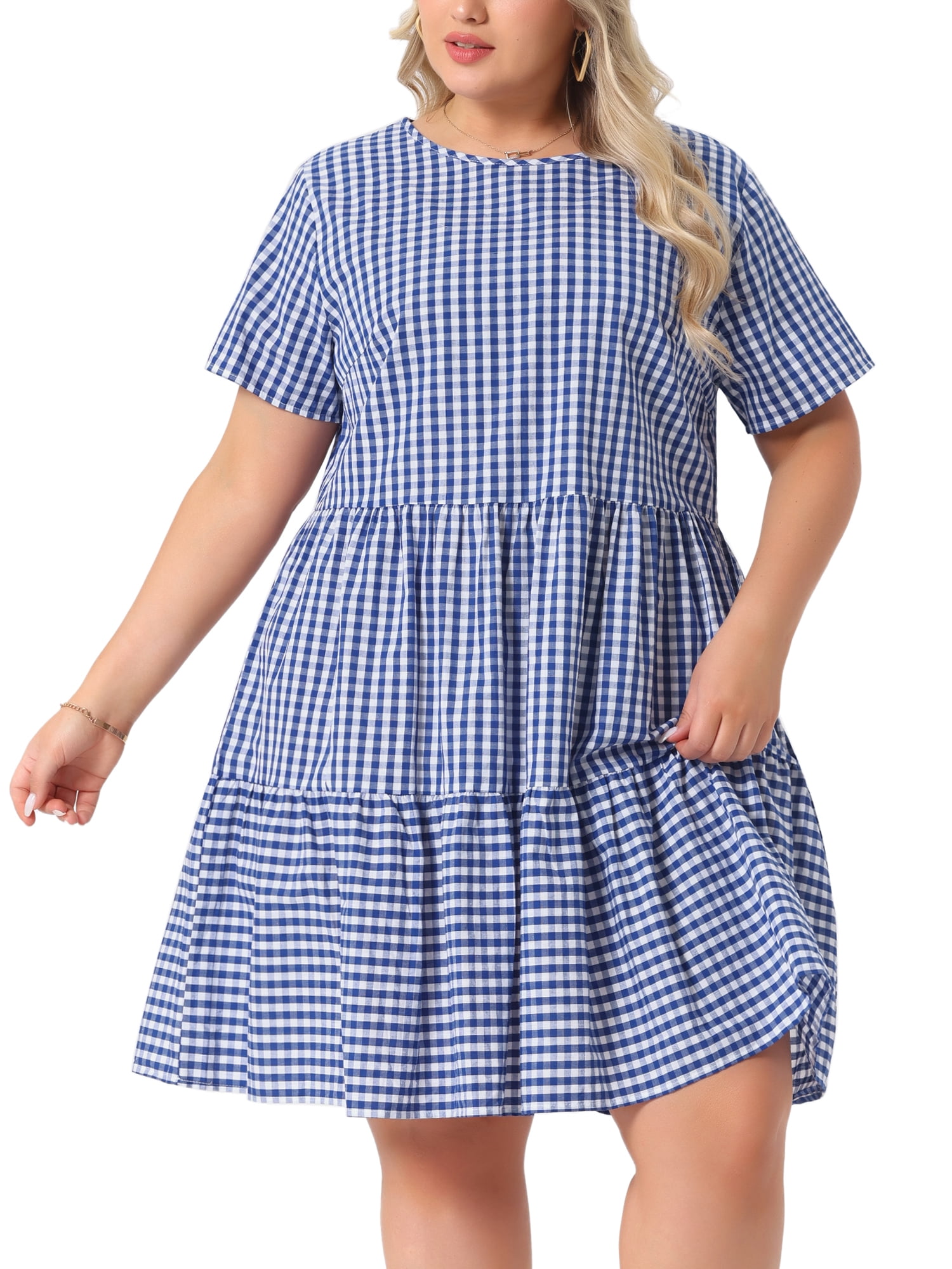 DARING DIVA Women's Plus Size Plaid Round Neck Short Sleeve Midi Dress 3X Dark Blue