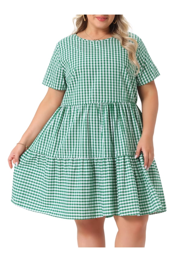 Plus Size Plaid Round Neck Short Sleeve Midi Dress 3X Green
