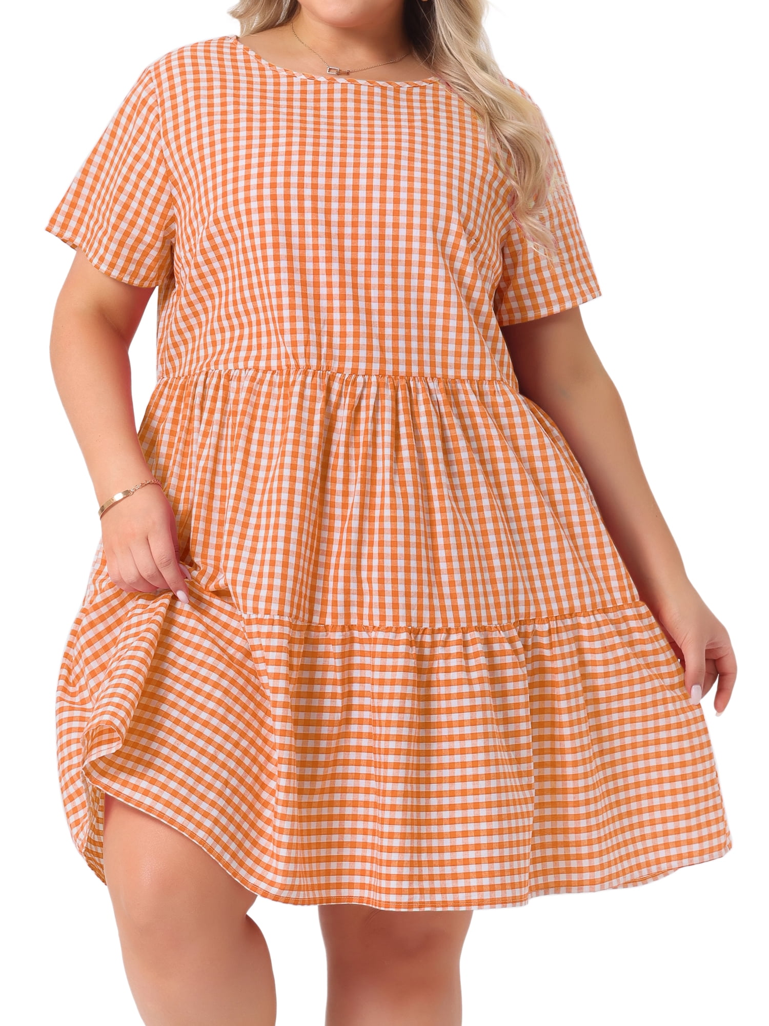 DARING DIVA Women's Plus Size Plaid Round Neck Short Sleeve Midi Dress 3X Orange