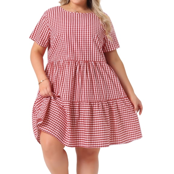 DARING DIVA Women's Plus Size Plaid Round Neck Short Sleeve Midi Dress 4X Red