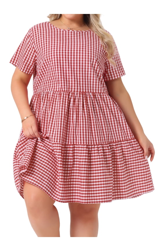 Women's Plus Size Plaid Round Neck Short Sleeve Midi Dress 4X Red
