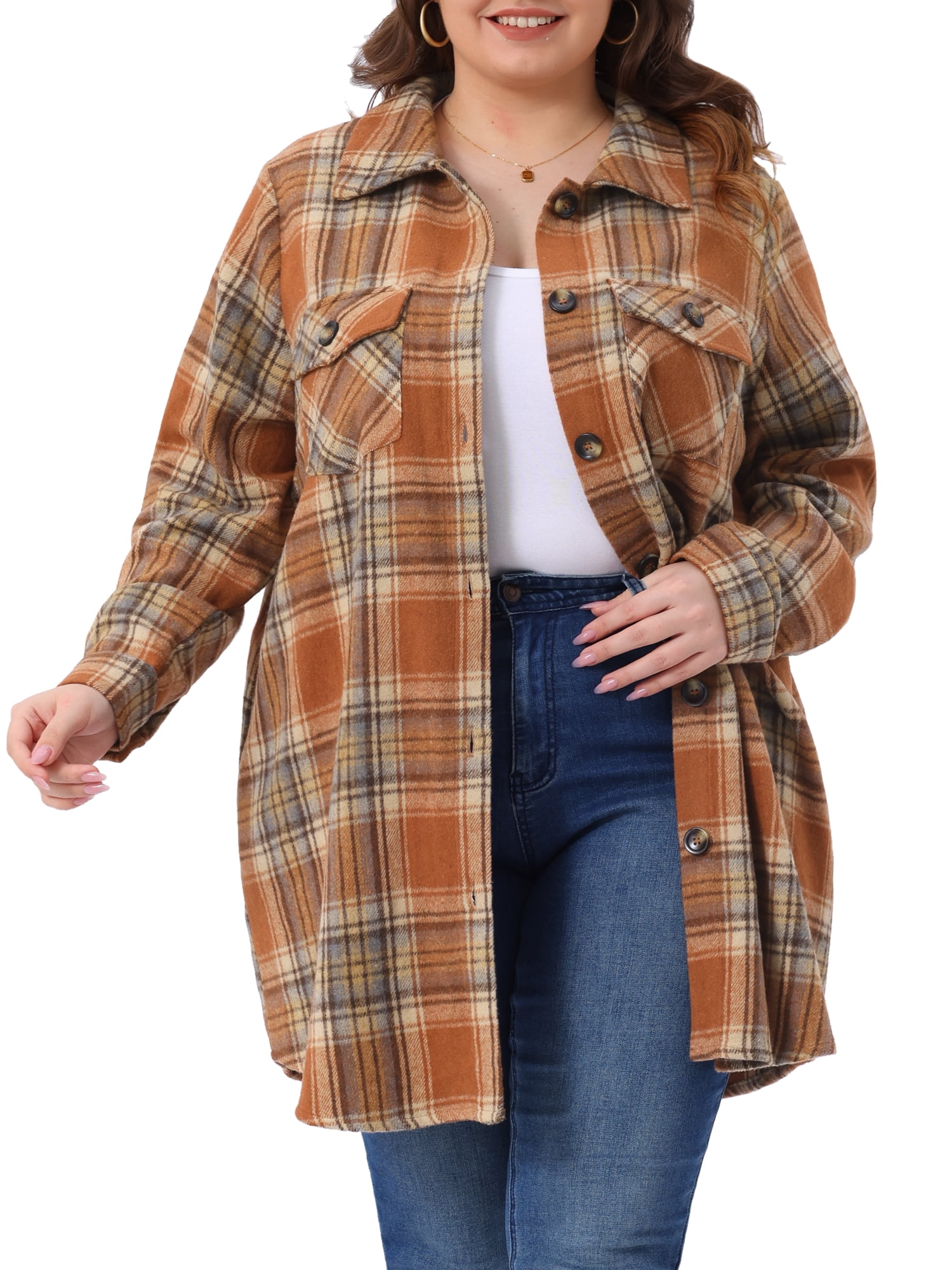 DARING DIVA Plus Size Plaid Shacket Long Sleeve Flannel Fashion Jacket 1X Orange