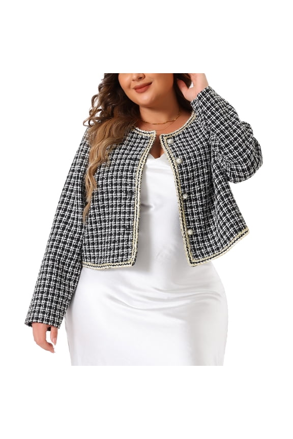 Plus Size Plaid Tweed Blazer Collarless Open Front Jacket 1X Black