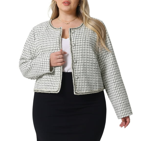 DARING DIVA Plus Size Plaid Tweed Blazer Collarless Open Front Jacket 2X White