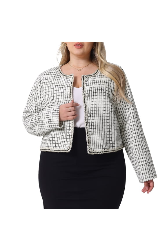 Plus Size Plaid Tweed Blazer Collarless Open Front Jacket 2X White