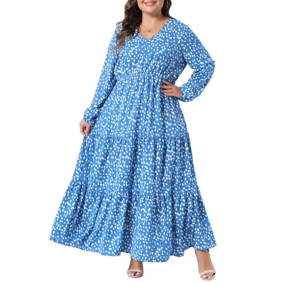 DARING DIVA Plus Size Polka Dots Long Maxi Lantern Sleeve Dress 1X Blue