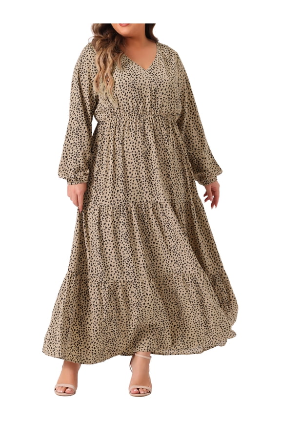 Plus Size Polka Dots Long Maxi Lantern Sleeve Dress 1X Khaki